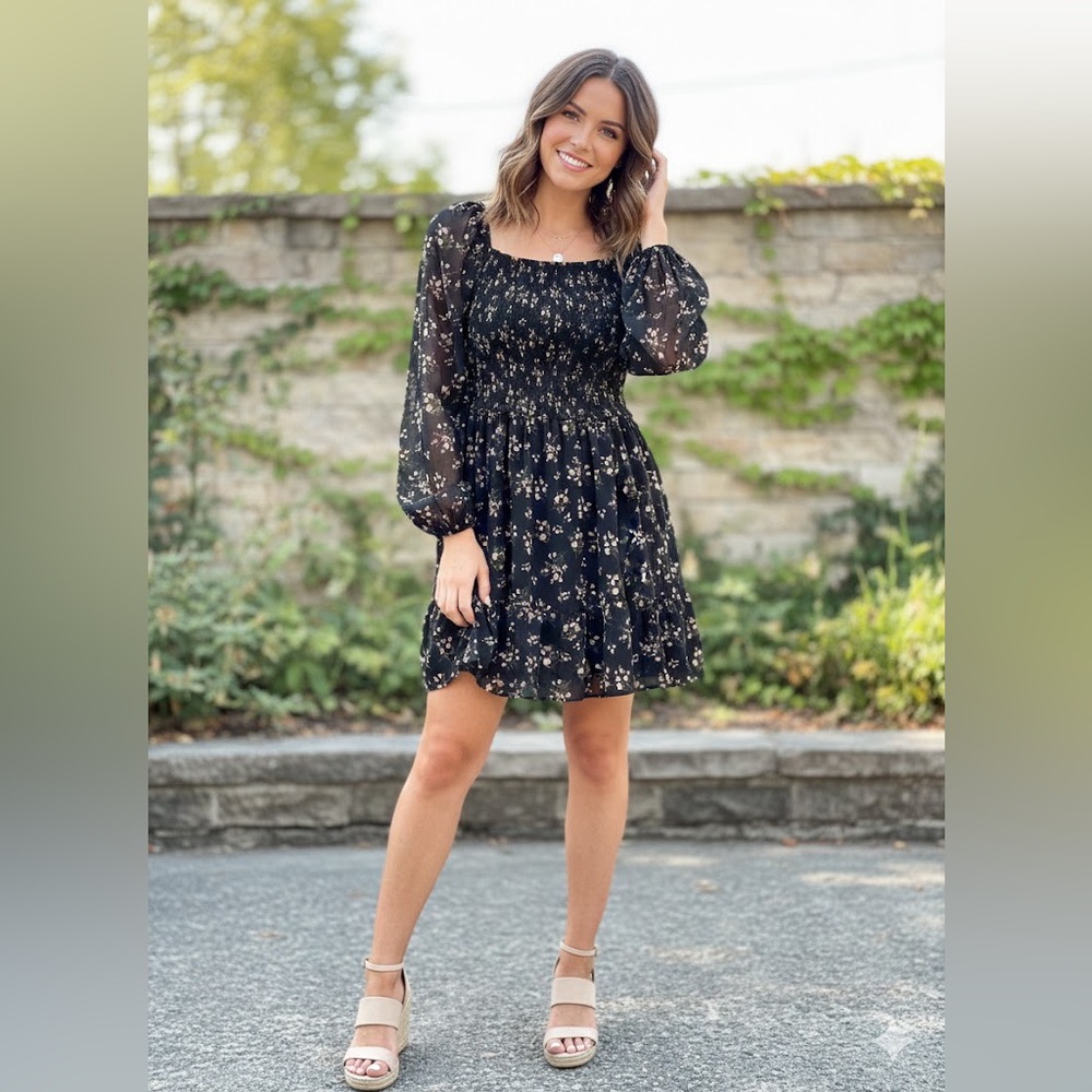 Floral‎ Black Dress with Sleeves